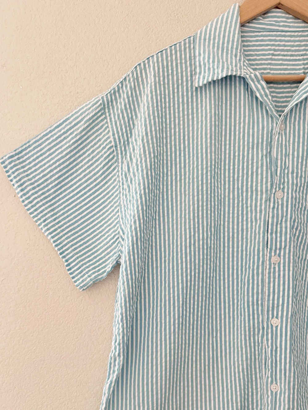 Daily Drills Seersucker Stripe Oversized Boxy Shirt Small Blue White 100% Cotton - Picture 7 of 9